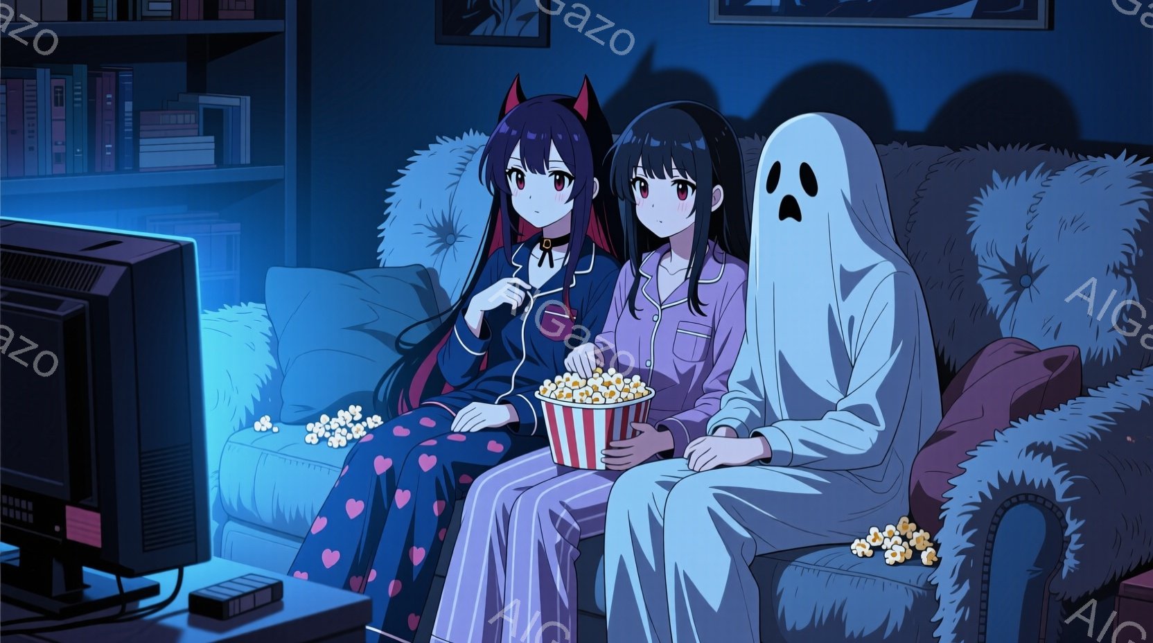 画面の前には女性二人が座っており、一人は黒いハート柄のパジャマを着て、長い黒髪をなびかせています。もう一人は白いパジャマ姿で、黒髪を後ろでまとめています。二人はポップコーンの入ったバケツを手に、テレビを見ているようで、近くにはお化けの姿をした人物が座っています。