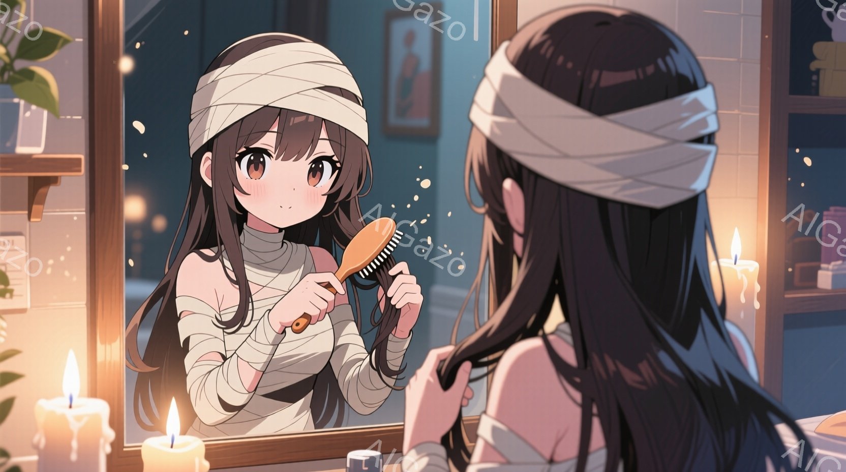 少年は包帯で腕を巻き、少し疲れた表情でこちらを見ている。 髪は黒く、無造作に跳ねており、目は金色で光っている。 背景は夕焼けと草むらで、夜空には星が散りばめられており、全体的にどこか儚げで、ドラマチックな雰囲気を醸し出している。