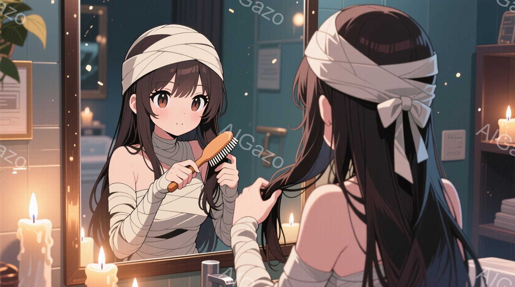 少女は鏡の前で髪をとかしており、ミイラのような包帯で上半身を覆っています。彼女は茶色の髪をサイドに流し、包帯に白いリボンをつけています。背景には、いくつかの点滅するキャンドルと洗面台があり、少し不気味で幻想的な雰囲気を醸し出しています。