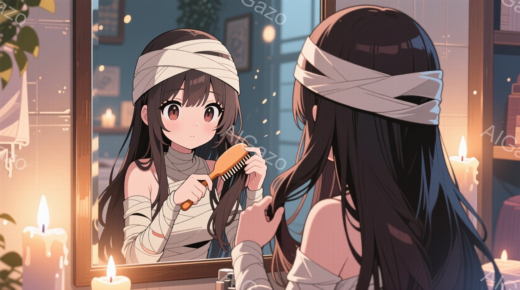 長い黒髪の女性が鏡の前で髪をとかしています。彼女は白い包帯のようなもので頭と腕を覆っており、まるでミイラのような衣装を着ています。背景には、キャンドルや植物があり、薄暗く幻想的な雰囲気を醸し出していま - AI生成フリー素材