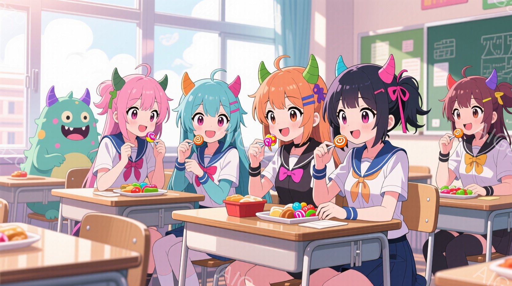 教室に座る複数の若い女性が描かれており、皆制服を着て楽しそうにキャンディーを舐めています。彼女たちはそれぞれ異なる髪の色とスタイルで、明るい表情で活気に満ちています。背景には机や椅子が並び、教室の窓からは光が差し込み、全体的に明るく楽しい雰囲気を醸し出しています。