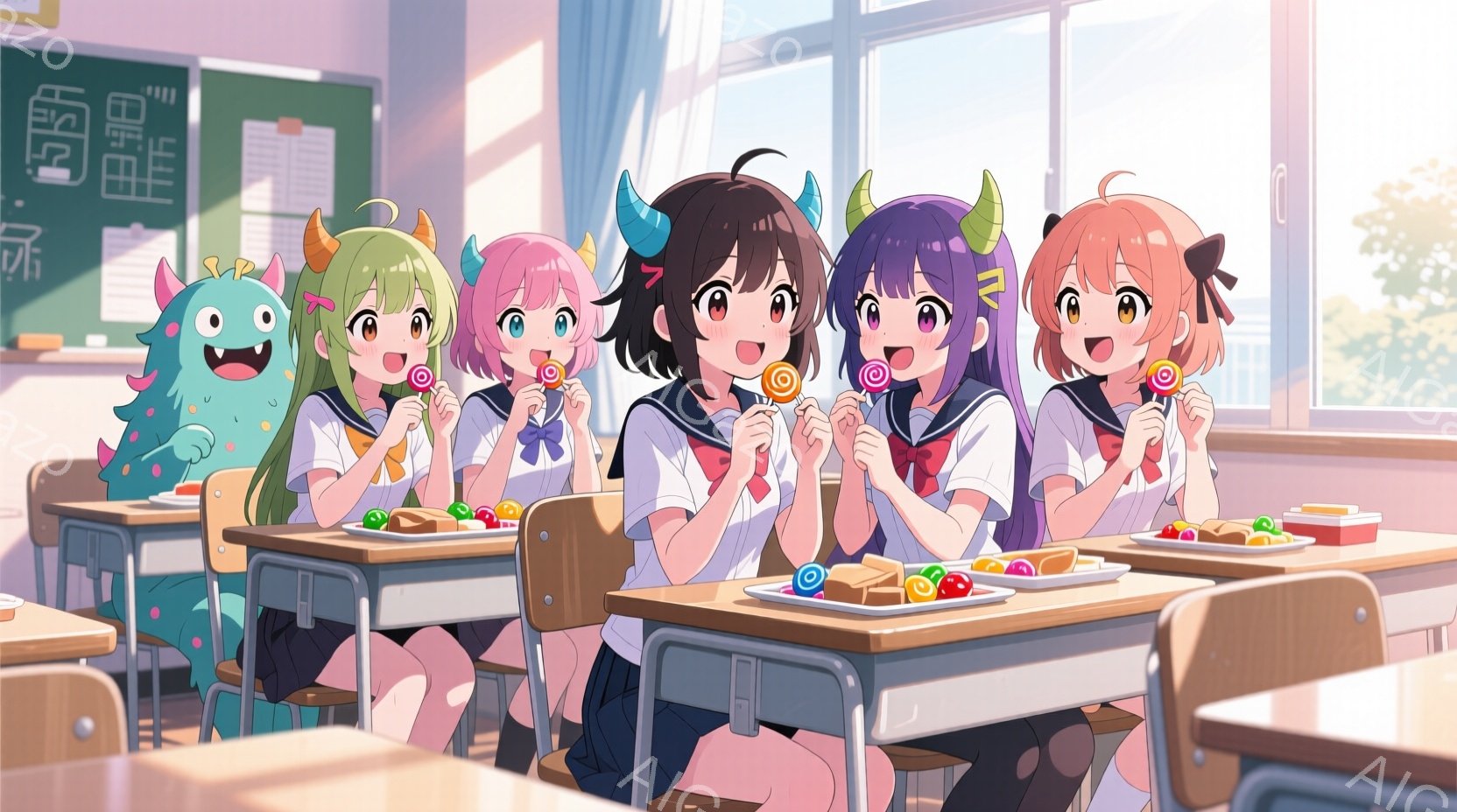 教室の机に座っている少女たちが描かれています。彼女たちはセーラー服を着ており、それぞれ異なる髪の色とスタイルをしています。机の上にはお弁当とキャンディーがあり、楽しそうな表情でそれらを手にしています。