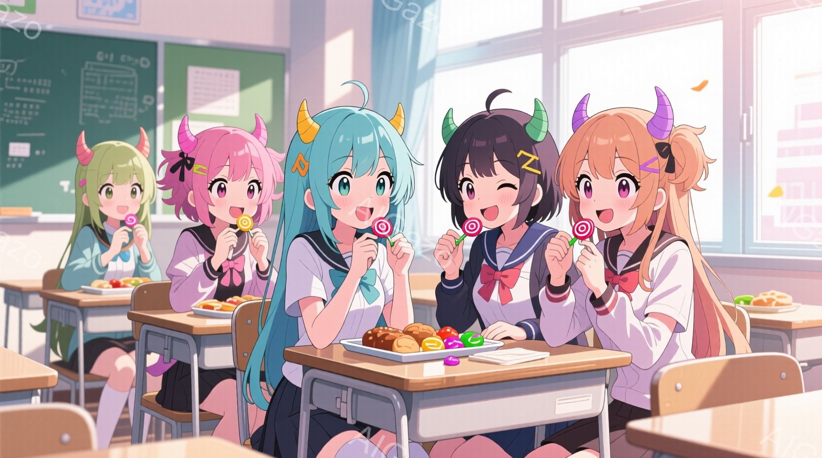 教室に座っている制服姿の少女たちが描かれています。彼女たちはそれぞれ異なる髪色とヘアスタイルで、楽しそうにキャンディーを舐めています。教室には机や椅子が並び、お弁当やキャンディーが置かれており、明るく - AI生成フリー素材