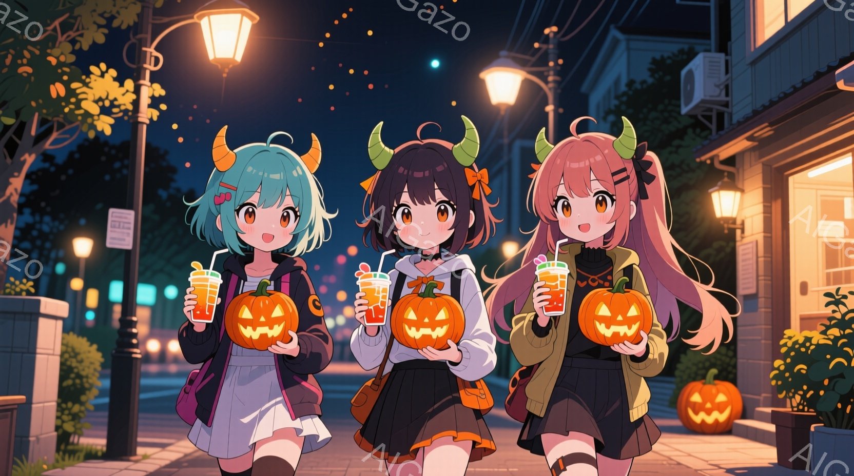 ハロウィーンの衣装を着た3人の若い女性が描かれています。それぞれがカボチャのランタンと飲み物を持ち、楽しそうに歩いています。背景には、夜の街並みと、ハロウィーンの装飾が施された建物や植物が見え、お祝い - AI生成フリー素材