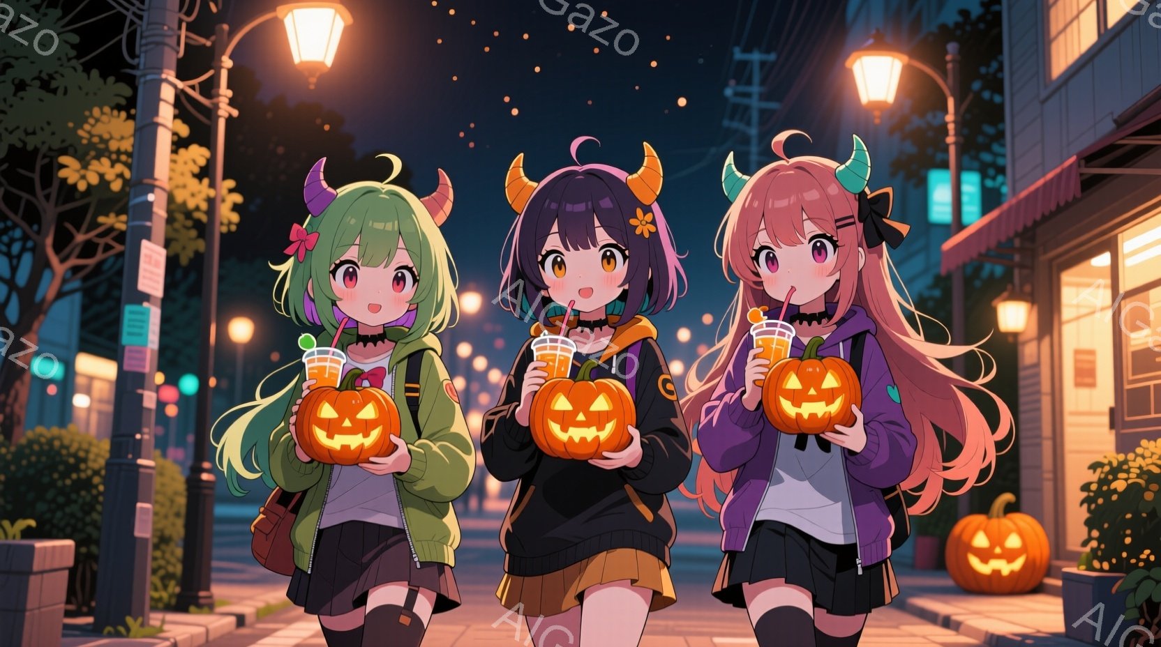 三人の少女がハロウィンの装いで歩道を歩いている。それぞれ緑、黒、紫のパーカーを着ており、頭には角のような飾りをつけている。手に持っているのは、ジャック・オー・ランタンの形をしたドリンクが入ったカップで - AI生成フリー素材