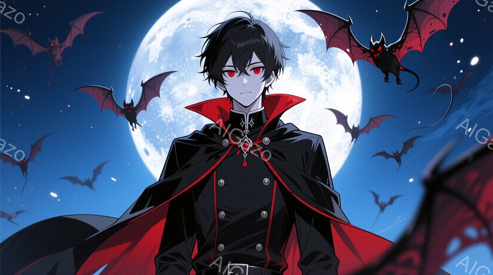 黒髪で、少し不機嫌そうな表情をした若い男性が描かれています。彼は黒い制服のような服を着ており、赤いマントを羽織っています。背景には満月と、夜空を舞うコウモリが多数描かれており、不気味で神秘的な雰囲気を - AI生成フリー素材