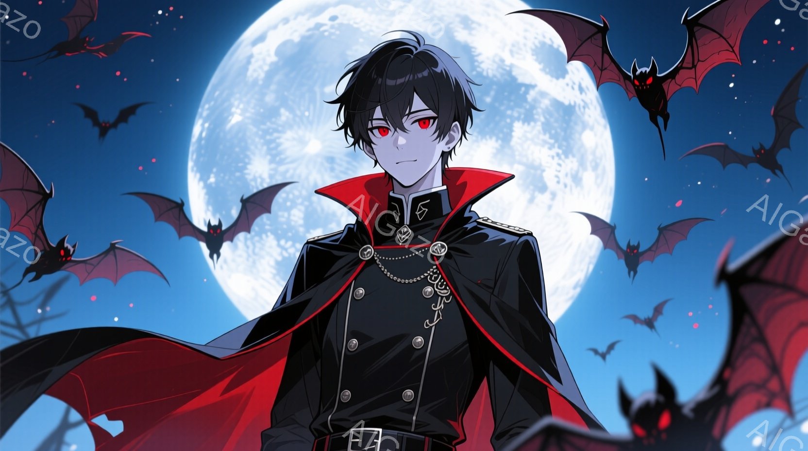 黒髪の男性は、赤いマントと黒い軍服を着て、鋭い眼差しでこちらを見ている。背景には満月と多数のコウモリが舞い、夜の不気味な雰囲気を醸し出している。彼は自信に満ちた姿勢で立ち、どこかミステリアスな雰囲気を - AI生成フリー素材