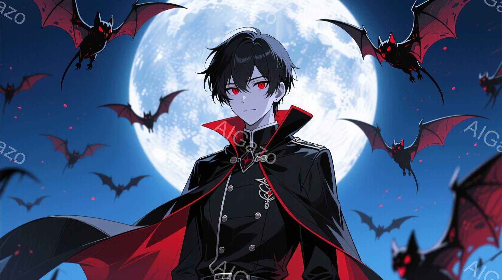深い青色の背景に、黒髪で赤い瞳を持つ青年が描かれています。彼は黒い制服のような服に赤いマントを羽織り、どこか冷たい表情をしています。背景には満月が輝き、多数のコウモリが飛び交い、神秘的で少し不気味な雰 - AI生成フリー素材