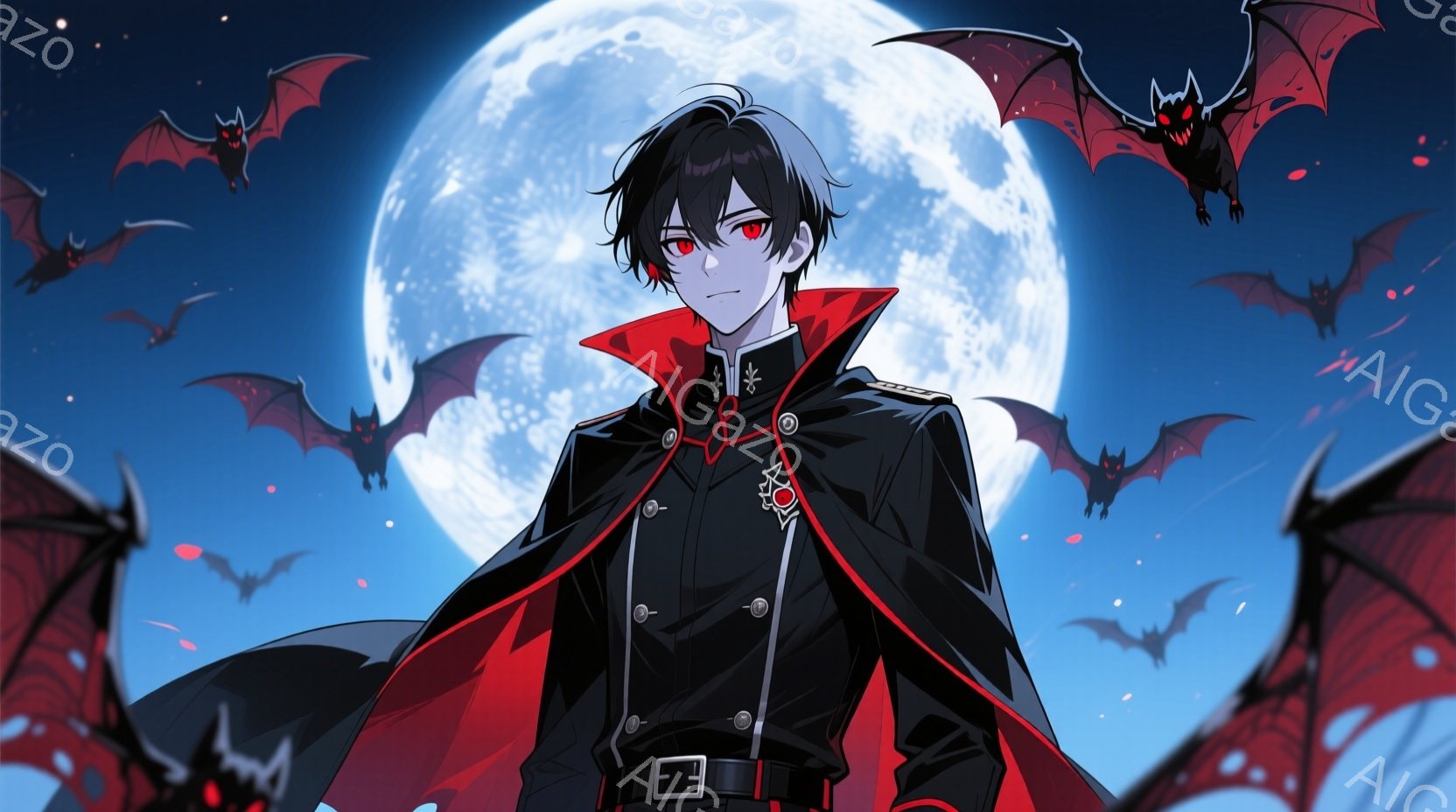 深い赤色の満月を背景に、黒い軍服姿の男性が描かれている。彼は黒髪で、赤い瞳を持ち、どこか冷たい表情をしている。背景には多数の黒いコウモリが舞っており、夜空の暗さと相まって、神秘的で不気味な雰囲気を醸し - AI生成フリー素材