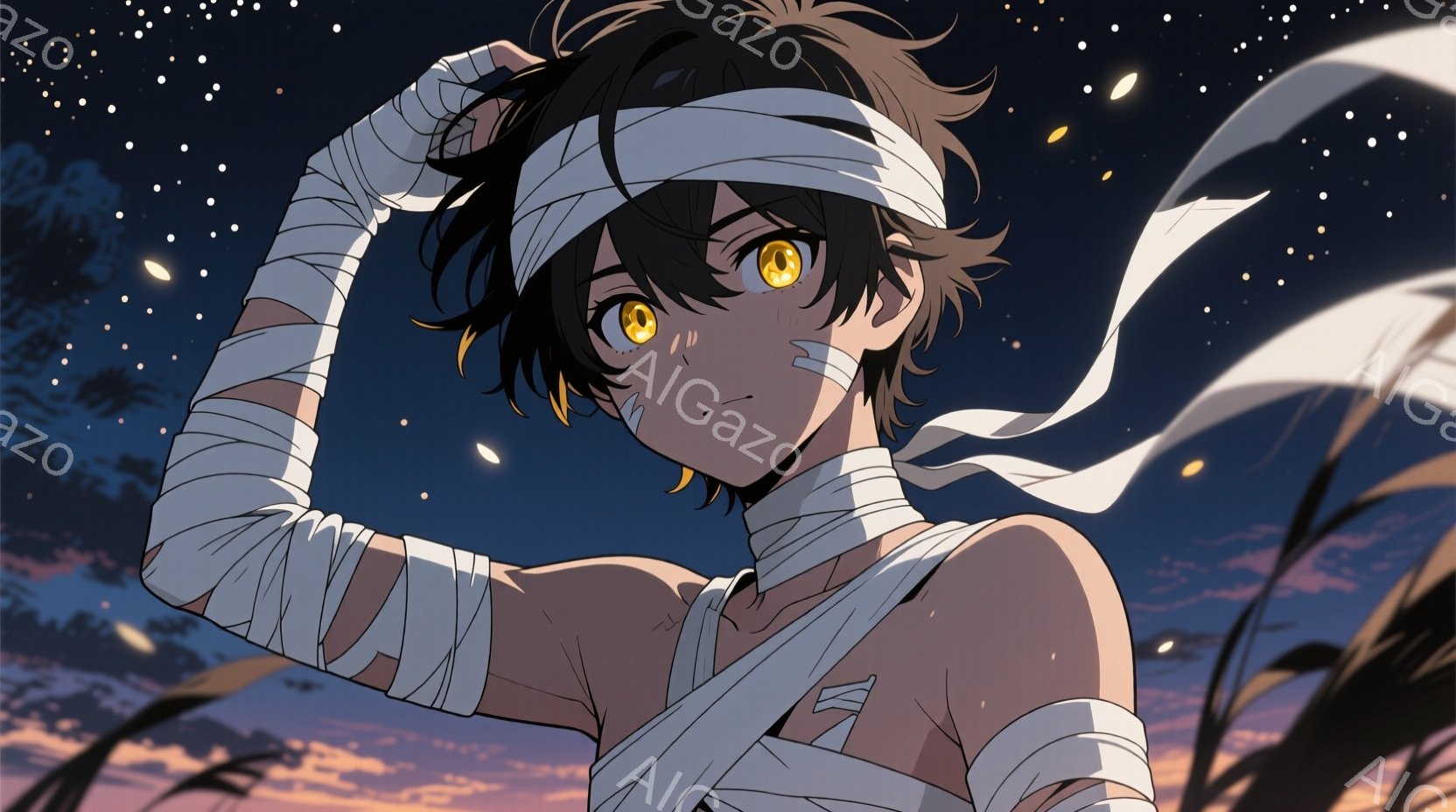 短い黒髪で、額には包帯が巻かれている少年が描かれています。彼は片腕に包帯を巻き、少し傷ついた表情で、遠くを見つめています。背景には夕焼けと草原、そして星空が広がり、どこか寂しげで幻想的な雰囲気を醸し出 - AI生成フリー素材