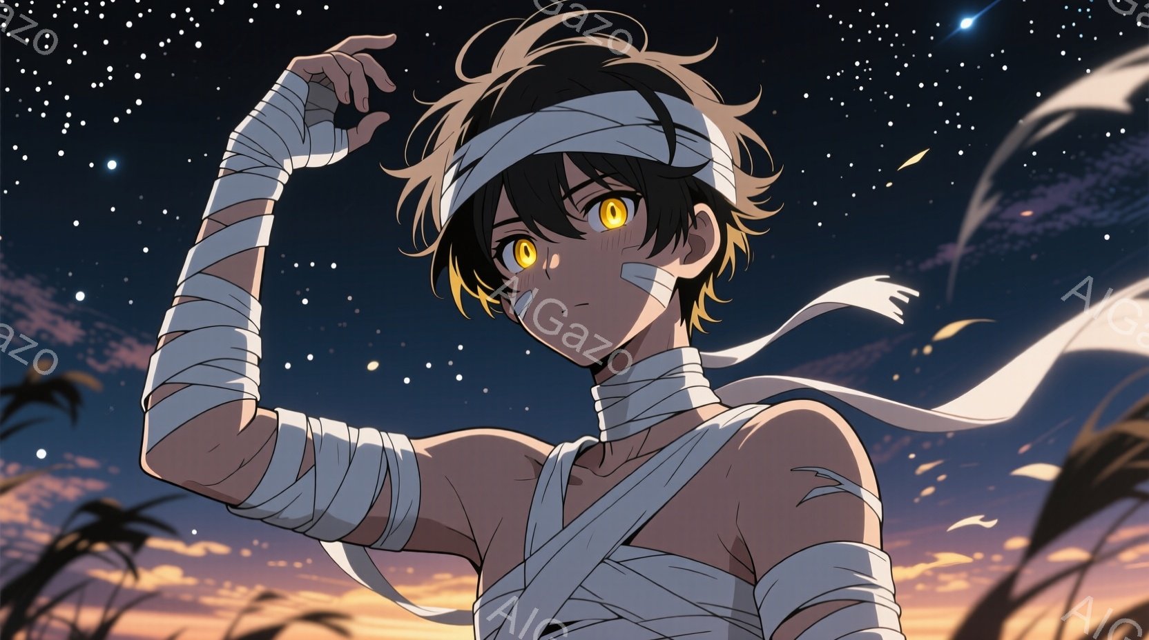 若者は肩と腕に包帯を巻き、白いヘッドバンドを着用し、少し疲れた表情を浮かべています。彼は片手を上げ、何かを見つめるような姿勢をとっています。背景には夕焼け空と草原があり、全体的に少し物悲しい、幻想的な雰囲気を醸し出しています。