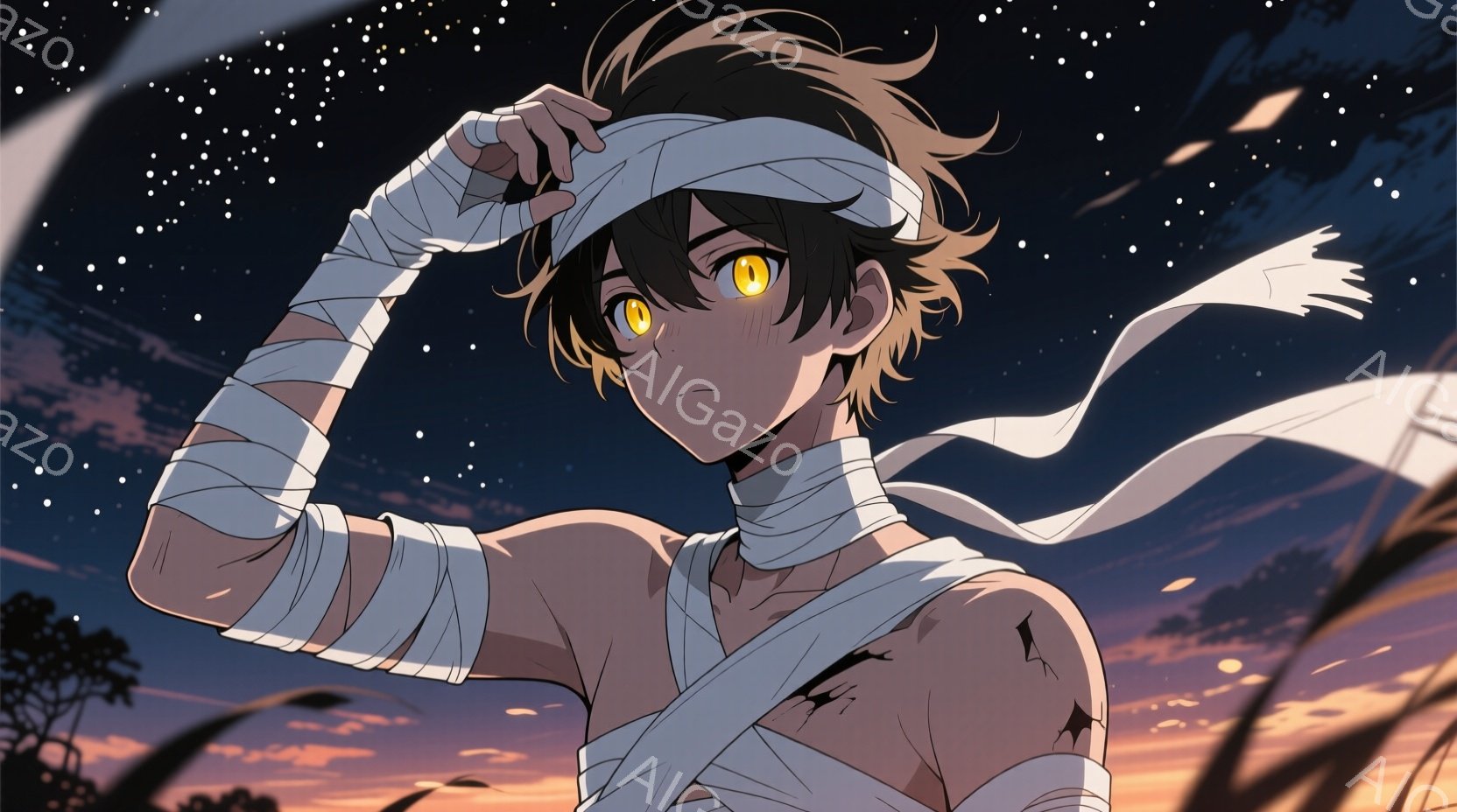 若い男性が描かれており、片腕と胸元に包帯を巻いている。彼は濃い茶色の髪で、所々に跳ねている髪の毛が特徴的で、表情はどこか憂いを帯びている。背景は夕焼け空と草むらで、夜空には星が輝き、全体的に静かで少し寂しげな雰囲気を醸し出している。