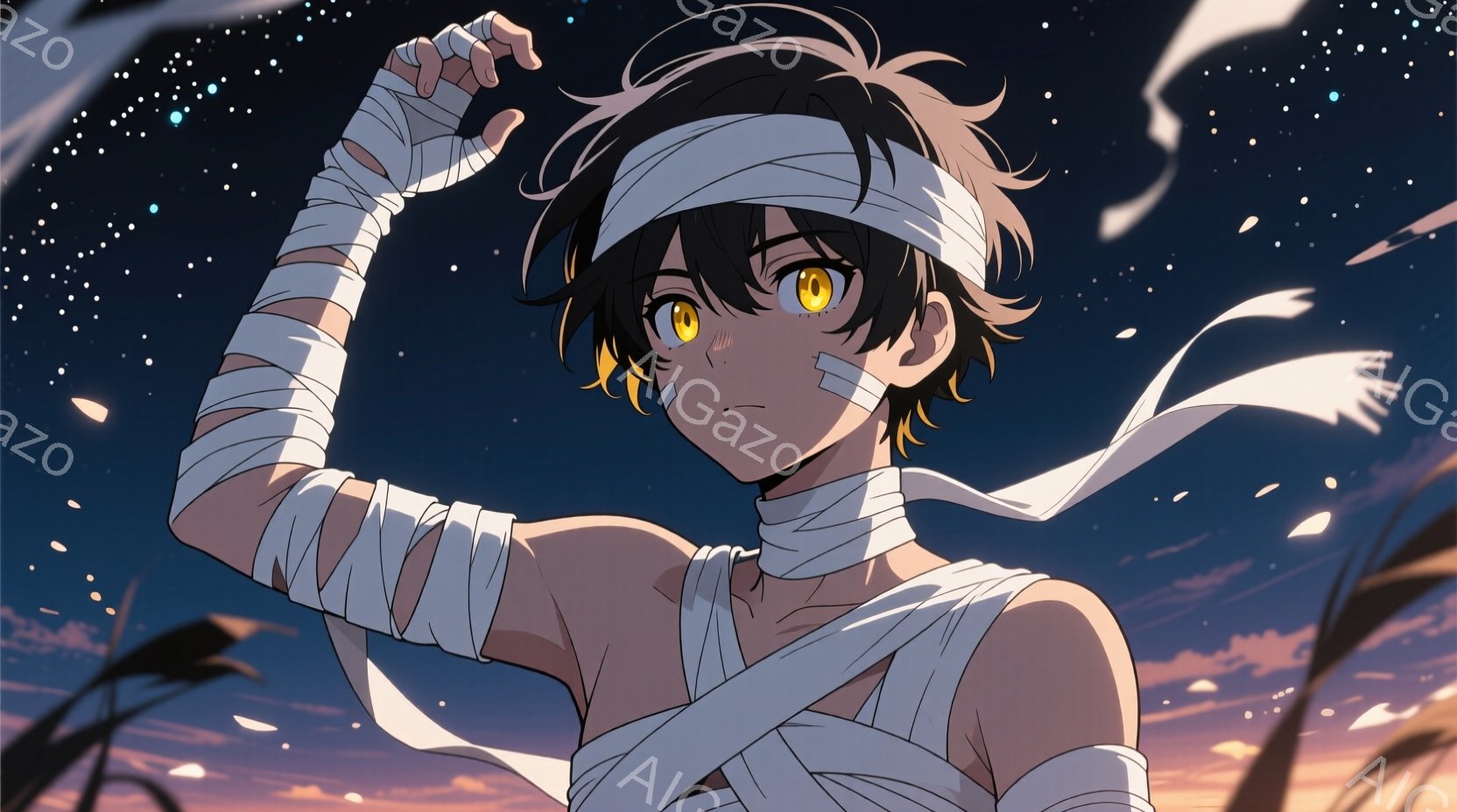 黒髪で、額に白いヘッドバンドを巻いた若い男性が描かれています。彼は上半身に包帯を巻き、右腕を上げて力強く拳を握っています。背景には夕焼けの空と草原が広がり、星が散りばめられた幻想的な雰囲気を醸し出して - AI生成フリー素材