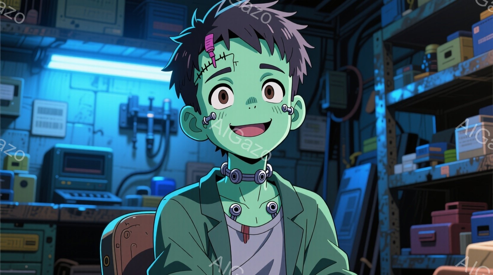 フランケンシュタイン風の少年を描いています。少年は緑色の肌をしており、額や頬に縫い目があり、ボルトの付いた首輪をしています。彼は薄い茶色の髪を持ち、笑顔で、古びた倉庫のような場所で何かを探しているかのようなポーズをとっています。