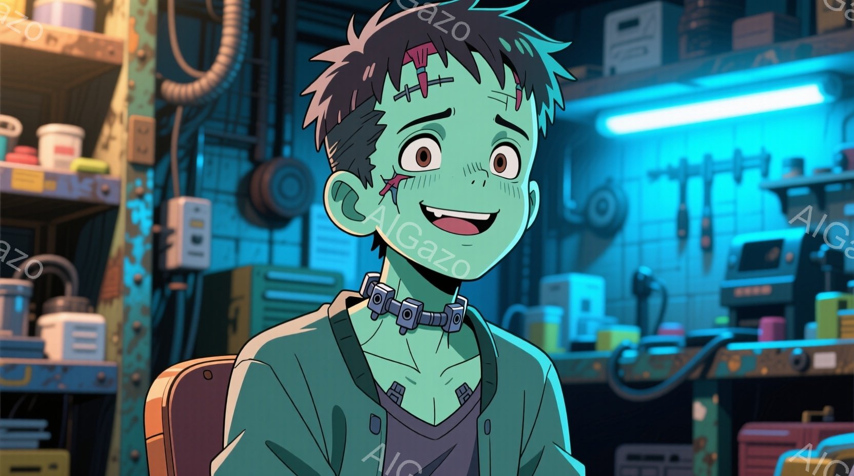 緑色の肌をした、フランケンシュタインを彷彿とさせる少年が描かれています。彼はオーバーオールのような服を着ており、首にはボルトのような装飾が施されています。背景は機械や配管が複雑に絡み合った、薄暗い作業 - AI生成フリー素材