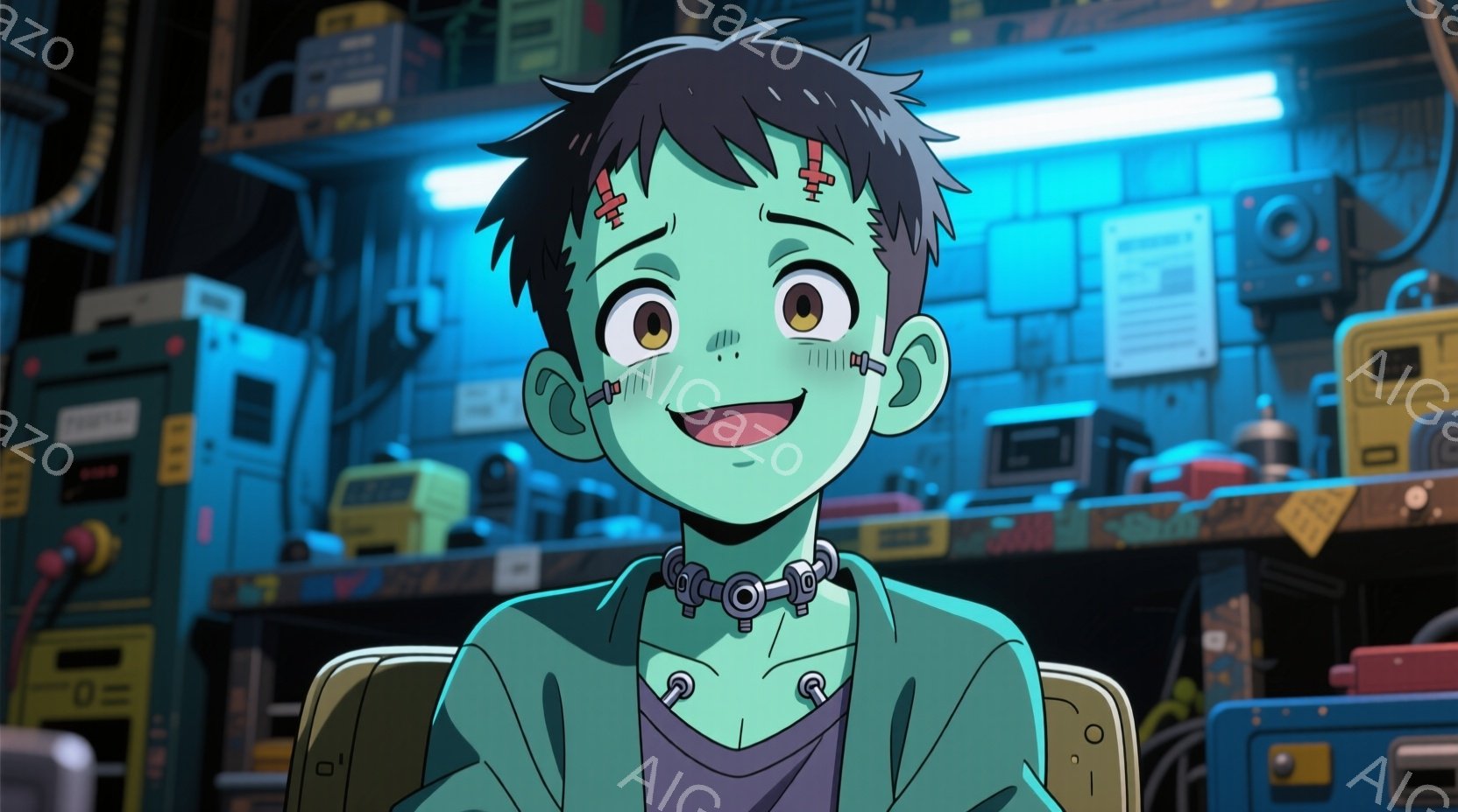 緑色の肌をした若いフランケンシュタイン風の少年を描いています。紫色のタンクトップと首輪、そしてネジで固定された特徴的なヘアスタイルが印象的です。背景には、機械や配線が複雑に絡み合った実験室のような空間 - AI生成フリー素材