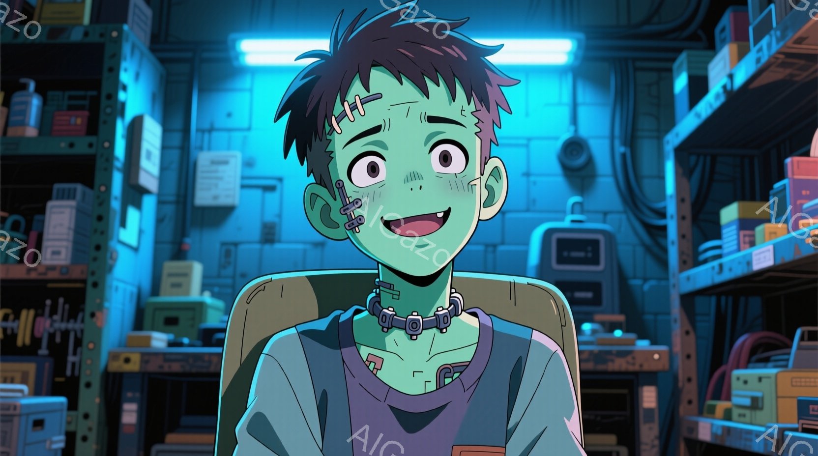 緑色の肌をした若い男性が描かれており、フランクensteinを彷彿とさせる外見です。彼は白髪で、頭にはクリップがいくつか付いており、首には金属製の装飾が施された首輪を付けています。背景は金属製の棚でいっぱいであり、電子機器やケーブルが散乱しており、薄暗い青色の照明が全体を照らしています。