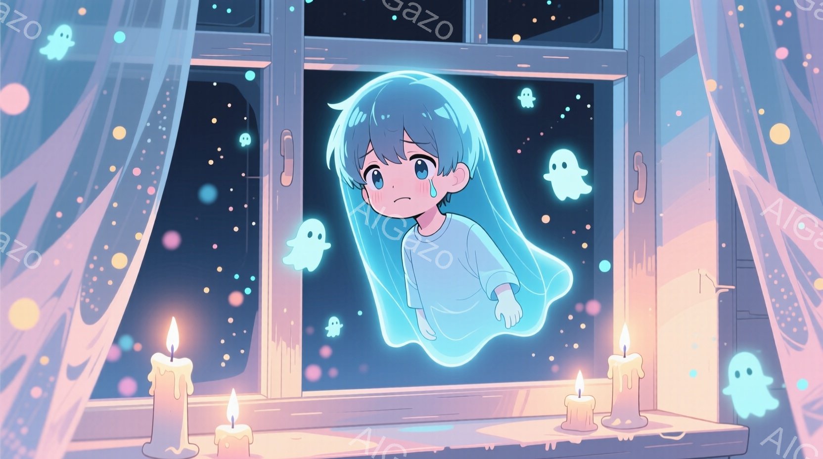青い髪の少年が、窓の外に幽霊のように浮かんでいます。少年は白いシャツを着ており、悲しそうな表情をしています。背景には、暗い夜空に小さな光と、窓枠に置かれた点灯したロウソク、蜘蛛の巣が見られ、全体的に寂 - AI生成フリー素材