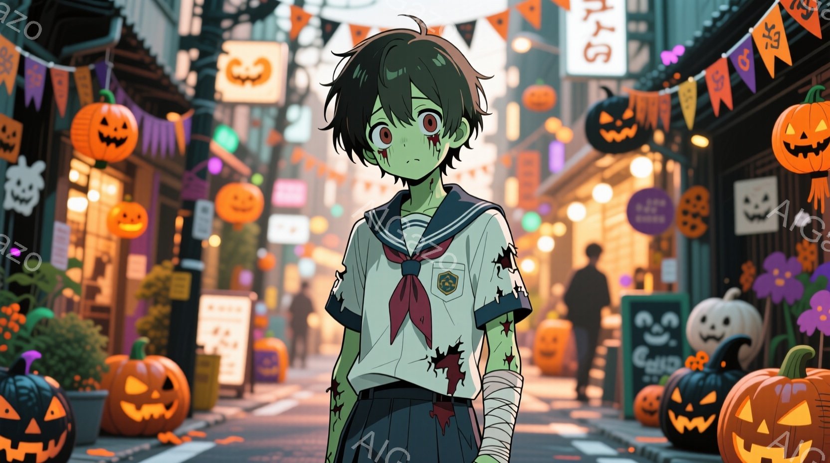 これは、制服を着た若い男性の画像です。彼は少し汚れた制服を着ており、腕には包帯が巻かれ、血痕のようなものが付いています。背景にはハロウィーンの飾り付けがされた街並みが広がり、たくさんのカボチャのランタンが並んでいます。