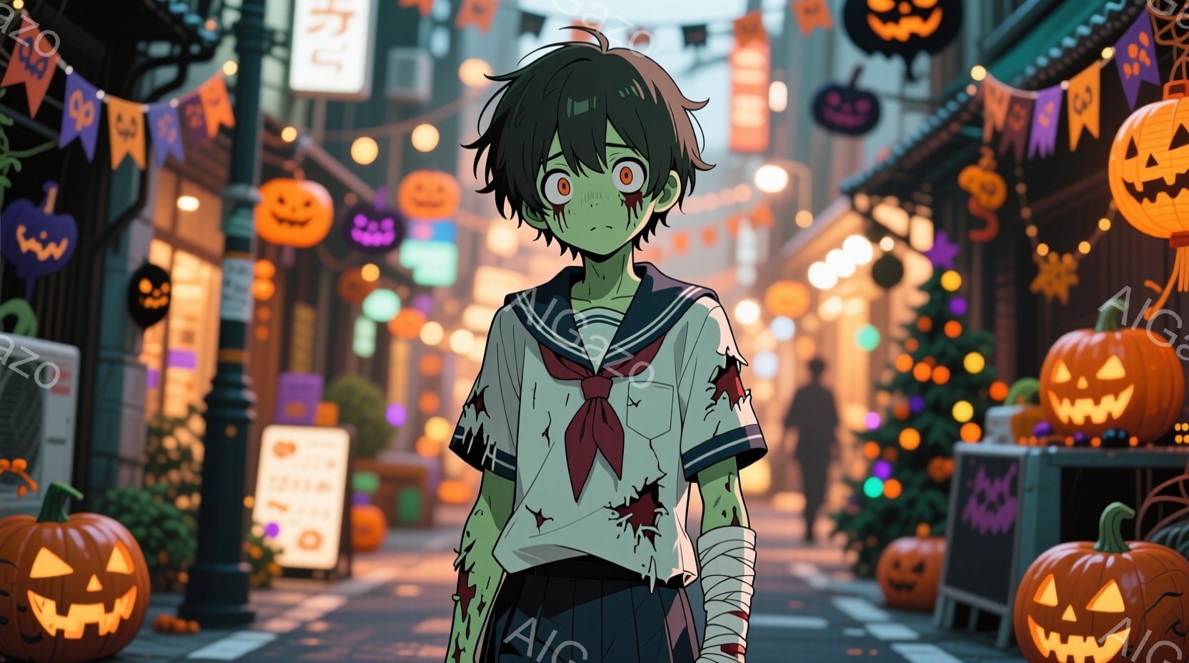 少年は、少し汚れた制服を着て、腕に包帯を巻いています。彼の髪は暗い緑色で無造作に整えられており、目は大きく輝いていますが、どこか疲れた表情をしています。背景には、ハロウィーンの装飾が施された建物や提灯 - AI生成フリー素材