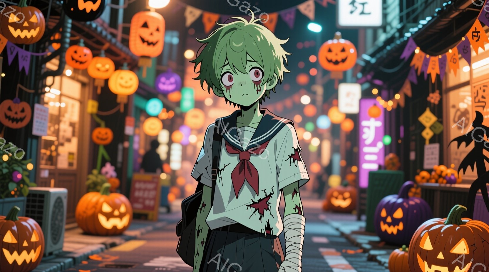 若い男性が、ハロウィーンの装飾が施された夜の街並みに立っている。彼は緑色の髪を持ち、制服のような服装で、ところどころが破れて血のような跡がついている。背景には、さまざまな形のカボチャが並び、暖色系の光 - AI生成フリー素材