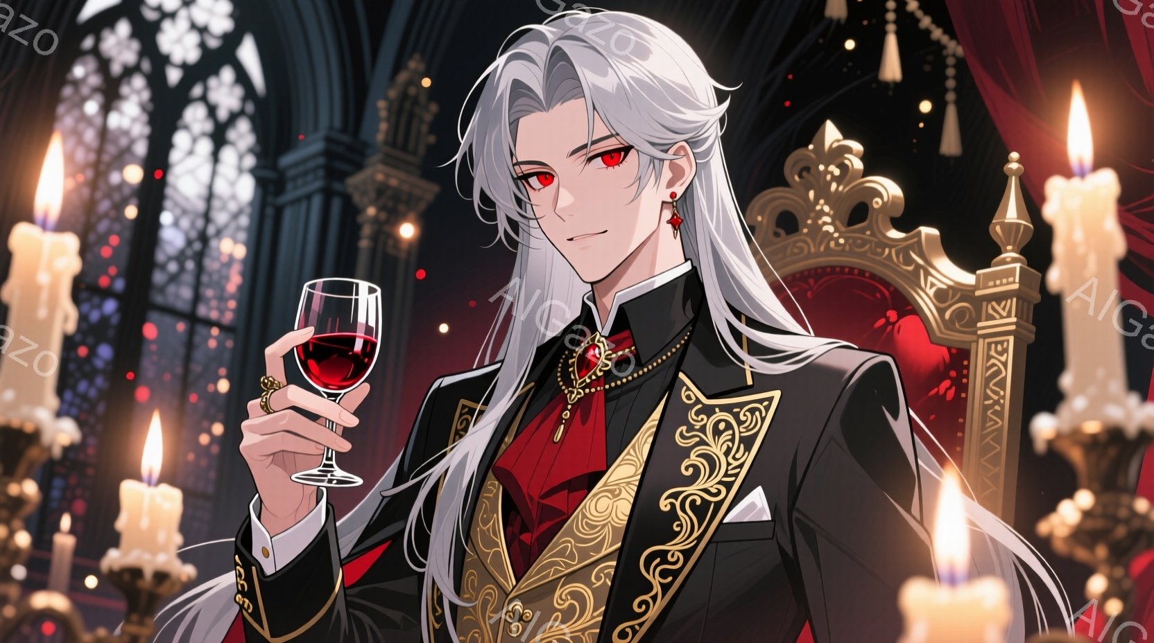 白髪で長い髪をした男性が描かれており、赤い瞳と少し不機嫌そうな表情をしています。彼は黒いタキシードのような服装で、金色の刺繍が施された装飾が施されています。背後にはステンドグラスの窓や豪華な椅子が見え、周囲にはロウソクの光が灯っており、全体的にゴシックでミステリアスな雰囲気を醸し出しています。