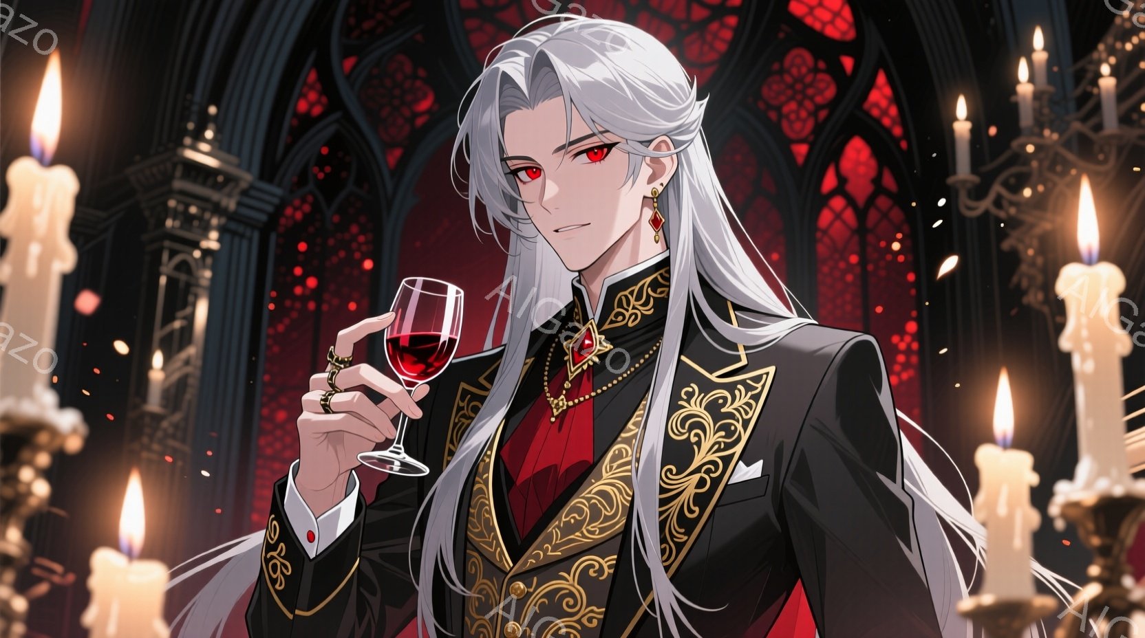 白髪の男性が深紅のワイングラスを手に、自信に満ちた表情でこちらを見ている。黒と金色の装飾が施された豪華な衣装を身につけ、赤い宝石が散りばめられた襟元が印象的だ。背景にはステンドグラスとロウソクの光が広がり、退廃的で神秘的な雰囲気を醸し出している。