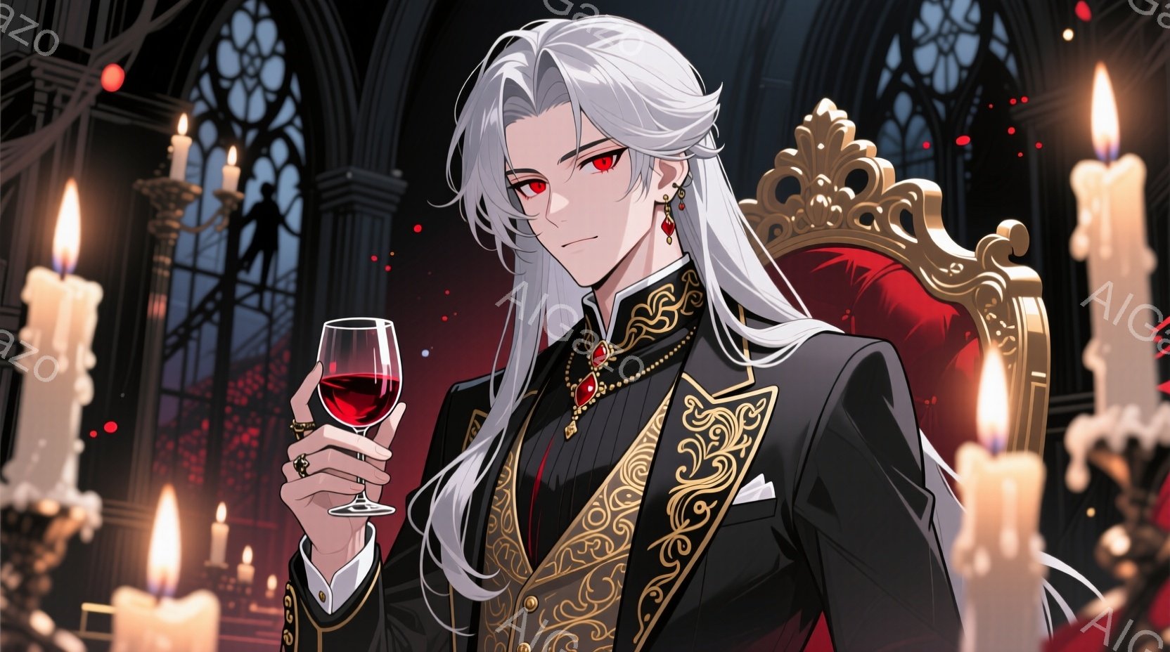 白髪の長い男性が、赤ワインが入ったグラスを手に、豪華な椅子に寄りかかって描かれている。黒と金色の刺繍が施された装飾的なベストとシャツを着用し、赤い宝石のネックレスと耳飾りをつけている。背景には燭台が並び、薄暗い室内には影が差し込み、神秘的で高貴な雰囲気を醸し出している。