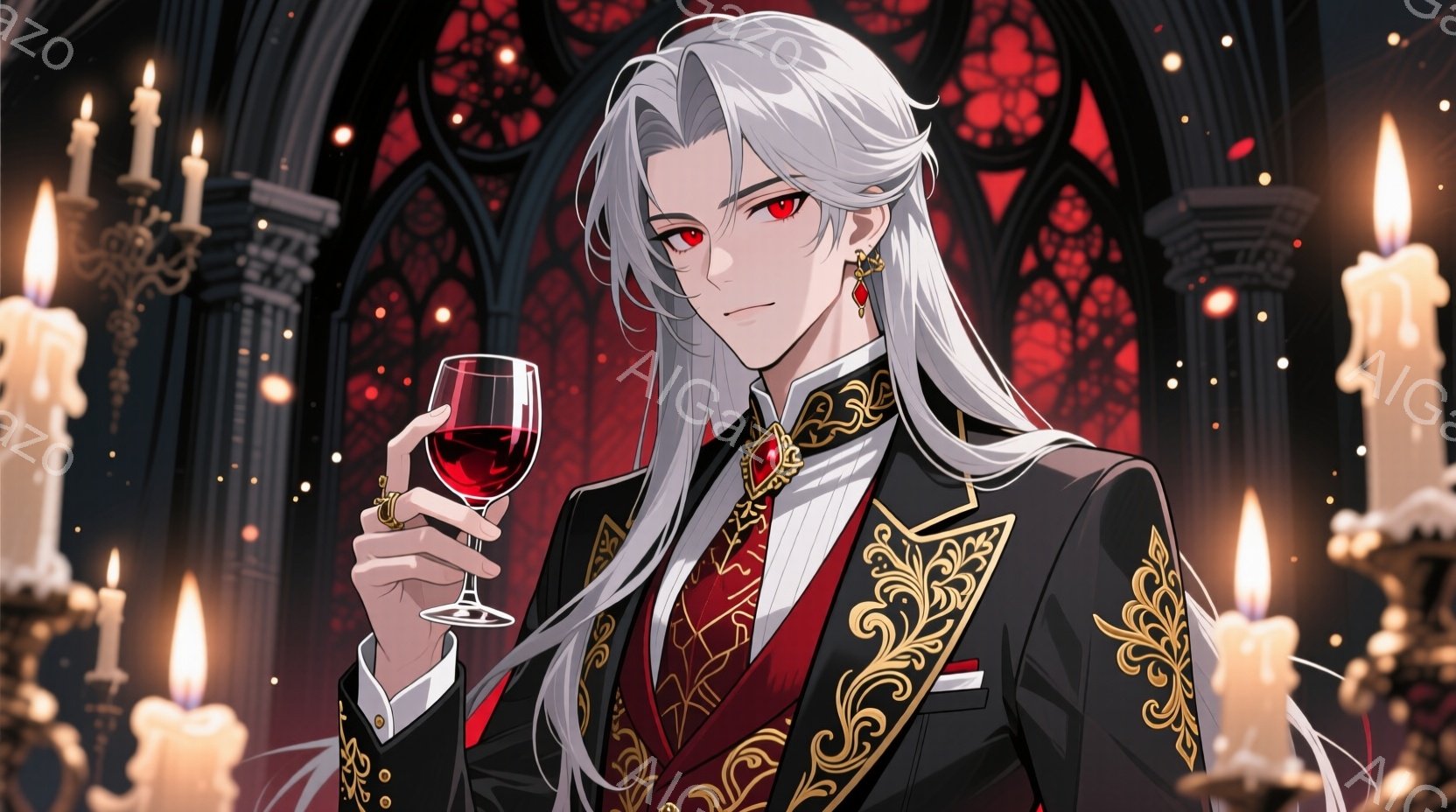 白髪で整った髪型をした男性が、赤いワイングラスを手に持っています。彼は豪華な黒と金色の装飾が施された衣装を着ており、赤いネクタイとベストが際立っています。背景には、ステンドグラスのような模様が施された - AI生成フリー素材