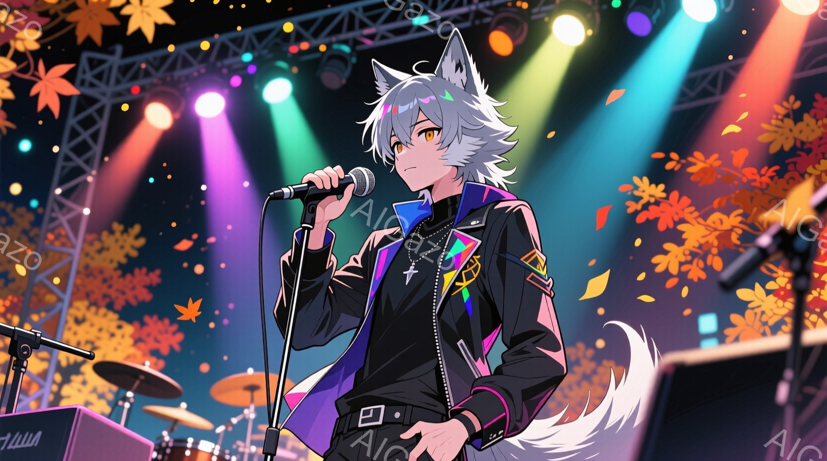 白い髪と灰色の耳を持つ若い男性が、ステージ上でマイクを持って歌っている。黒いジャケットに虹色の装飾が施され、紫色のズボンを履いている。背景にはステージ照明と鮮やかなオレンジ色の葉が舞い散り、ライブパフ - AI生成フリー素材