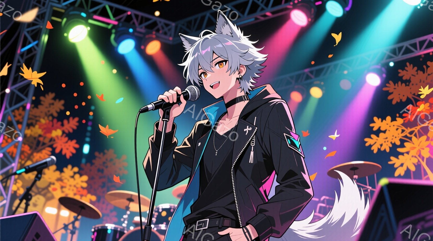 白髪でフォックスのような耳と尻尾を持つ若い男性が、ステージ上でマイクを手に歌っている。黒の革ジャン、紫色のインナー、黒いズボンを身につけ、片手をズボンのポケットに入れている。背景には、ステージ照明とドラムセット、そして舞い散る黄色の葉があり、コンサート会場の賑やかさと秋の雰囲気が伝わる。