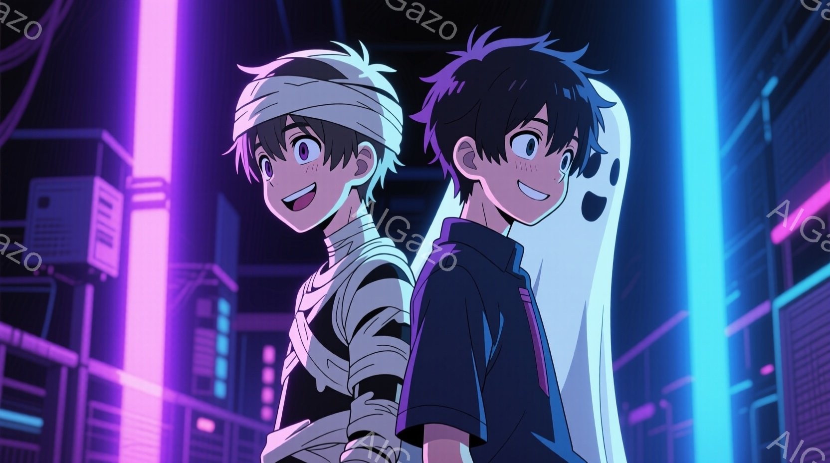 少年二人が並んで立っており、一人はミイラの包帯で頭を覆っている。もう一人は白い幽霊のような衣装をまとっており、背中合わせになっている。背景にはネオンライトが輝く都市の風景が広がり、全体的に幻想的で少し不気味な雰囲気である。