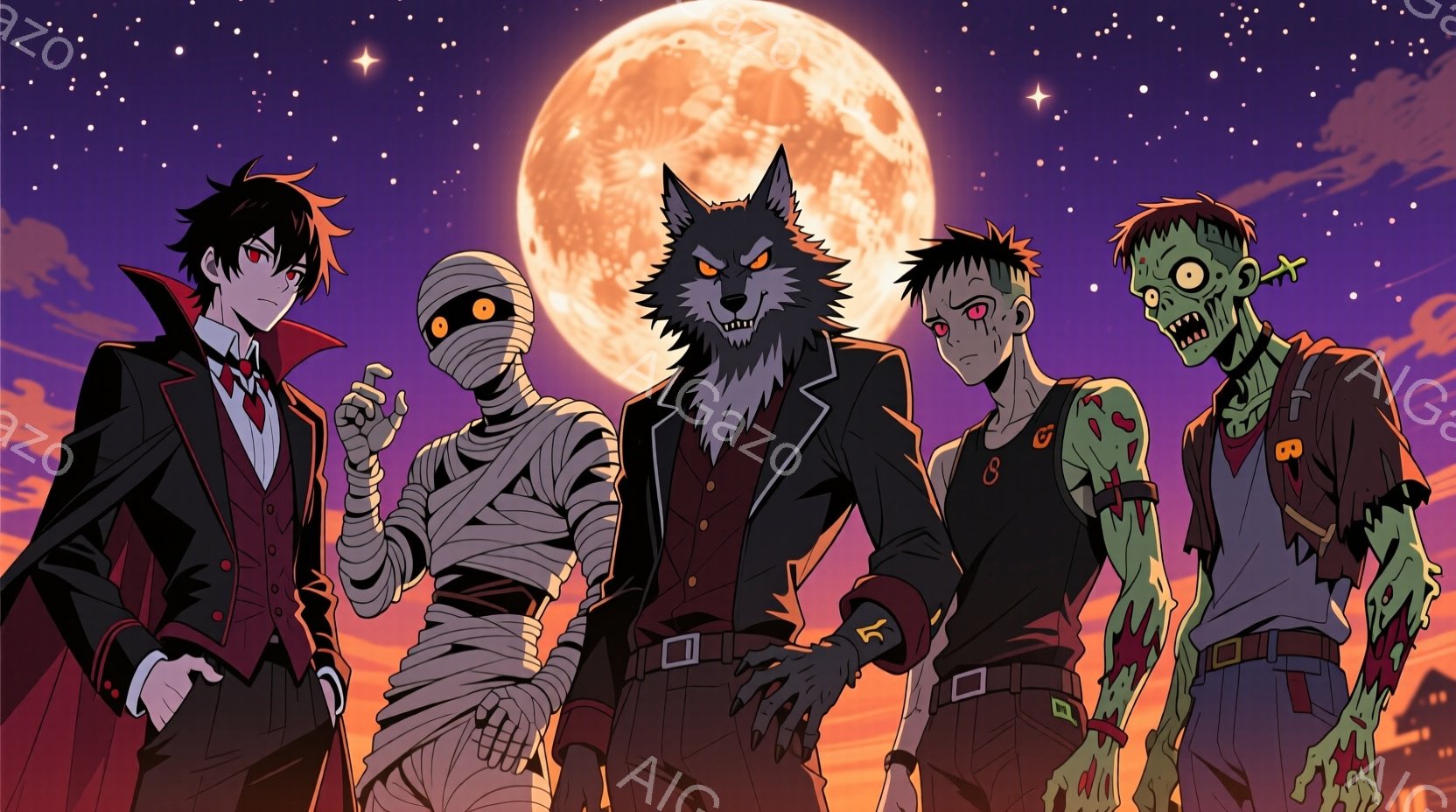 吸血鬼、ミイラ男、狼男、ゾンビの4人のキャラクターが並んでいます。彼らはそれぞれハロウィーンを彷彿とさせる服装をしており、吸血鬼は黒い正装、ミイラ男は包帯、狼男はスーツ、ゾンビは破れたシャツとズボンを - AI生成フリー素材