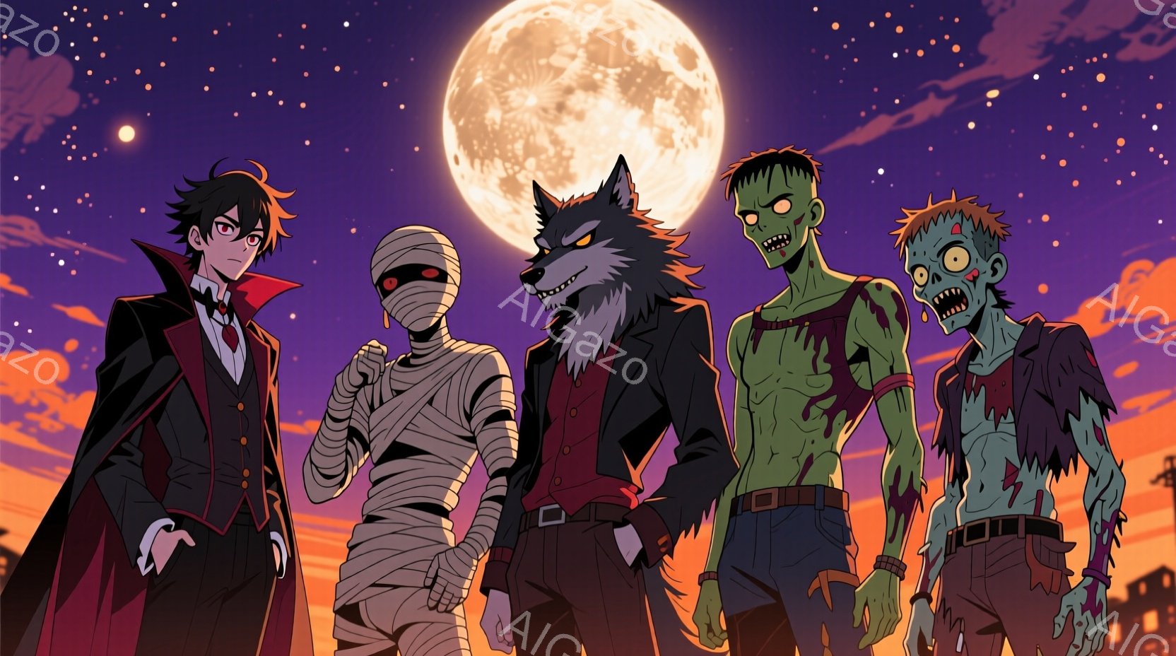 画面には、ヴァンパイア、ミイラ、狼男、ゾンビの4人のキャラクターが並んでいます。彼らはそれぞれ異なる服装をしており、ヴァンパイアは黒いスーツに赤いネクタイ、ミイラは包帯で全身が覆われ、狼男はスーツに毛 - AI生成フリー素材