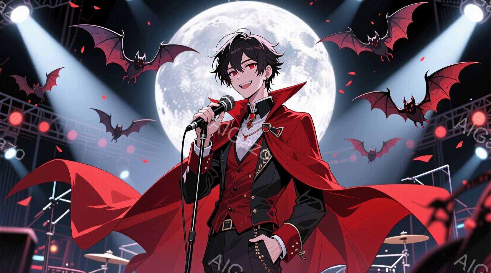 深紅のケープを羽織った男性が、手にマイクを持って歌っている様子が描かれています。彼は黒髪で、片方の髪が少し跳ね上がっており、自信に満ちた表情で、ステージ上でパフォーマンスを楽しんでいるようです。背景に - AI生成フリー素材