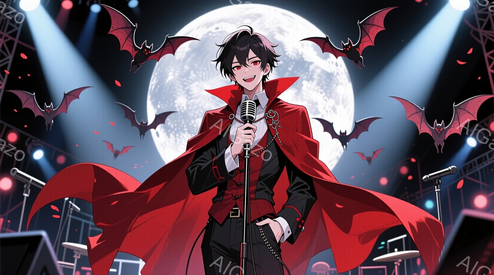 深紅のケープを羽織った黒髪の男性が、スポットライトを浴びながらマイクの前に立っている。彼は自信に満ちた微笑みを浮かべ、片手を腰に当てて堂々とした姿勢を見せている。背景にはドラムセットや照明機材が配置さ - AI生成フリー素材