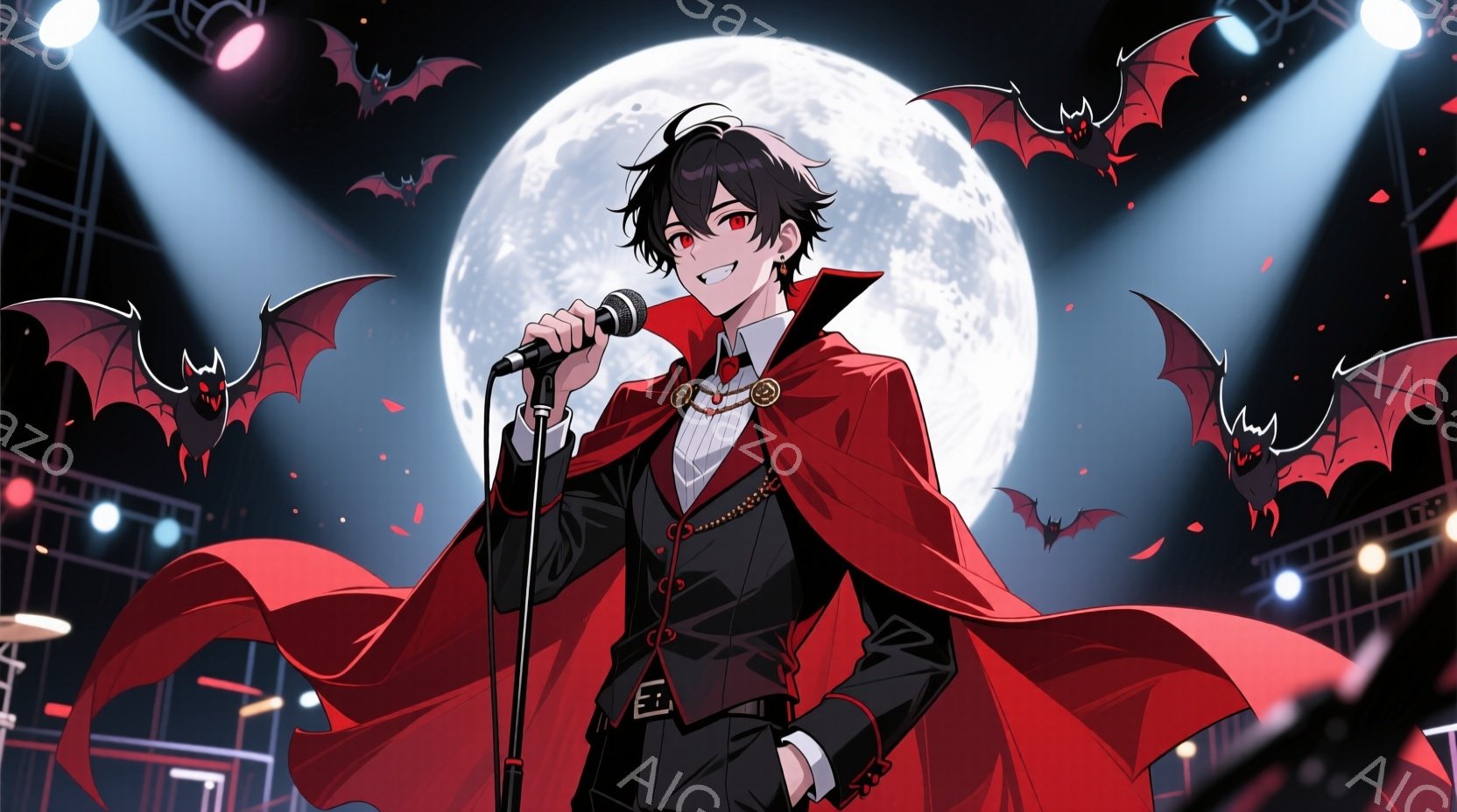 深紅のケープを羽織った黒髪の男性が、スポットライトを浴びながらマイクを握って歌っている。彼の表情は自信に満ちており、赤い装飾が施された衣装は、どこか神秘的な雰囲気を醸し出している。背景には満月とコウモ - AI生成フリー素材