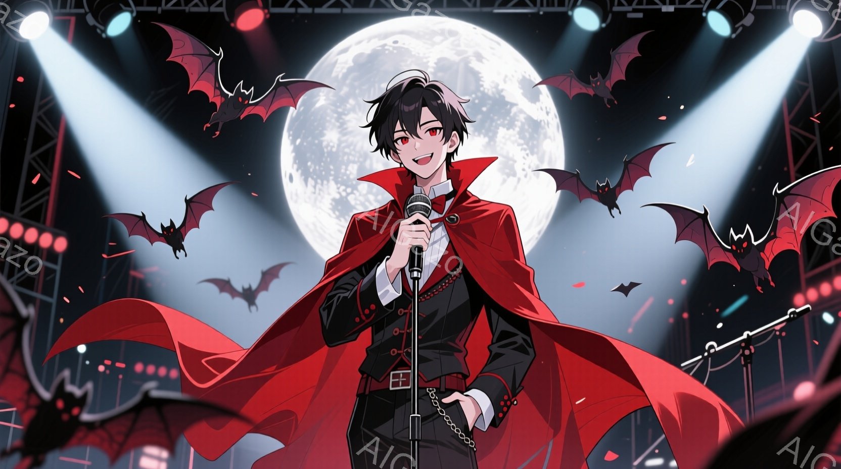 深紅のケープを羽織った男性が、スポットライトを浴びて歌っている。黒髪で、やや挑発的な微笑みを浮かべており、赤い背景と月明かりがドラマチックな雰囲気を醸し出している。ステージ上には蝙蝠が舞い、音楽イベントまたはパフォーマンスの一場面を思わせる。
