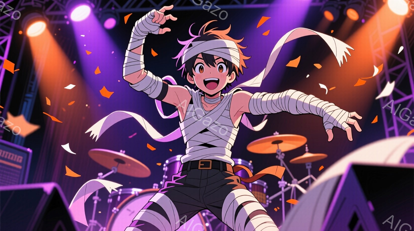 若い男性がドラムセットの前で演奏しているイラストです。彼は腕と頭に包帯を巻き、黒いズボンと白いシャツを着ており、興奮した表情で片手を上げています。背景にはスピーカーや照明があり、オレンジ色の紙吹雪が舞い、ライブ会場のような活気に満ちた雰囲気を演出しています。