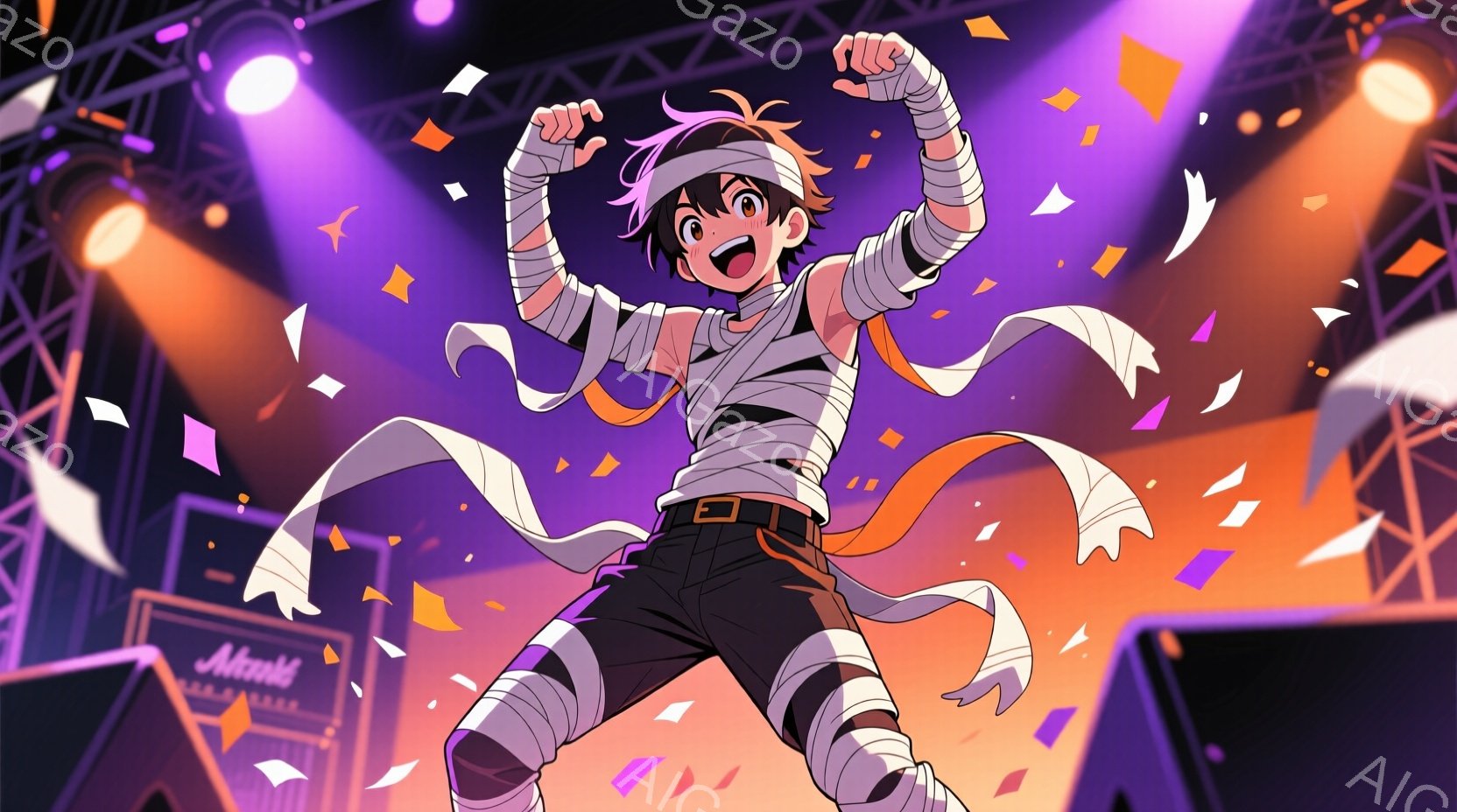 少年は両腕と両膝に包帯を巻き、黒いズボンと白いシャツを着ています。彼は片足を上げてジャンプし、顔は力強い表情で、興奮と自信に満ち溢れています。背景にはステージらしき構造物と、紙吹雪が舞い、活気のあるコ - AI生成フリー素材