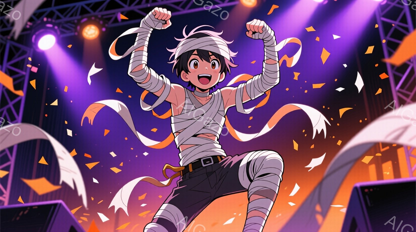 若い男性がミイラの包帯で手足が巻かれ、黒いズボンと白いシャツを着ています。彼は両手を高く上げ、勝利を祝うような表情をしており、周りには紙吹雪が舞っています。背景には、ステージのような構造物と照明があり、活気のあるお祝いの雰囲気が漂っています。