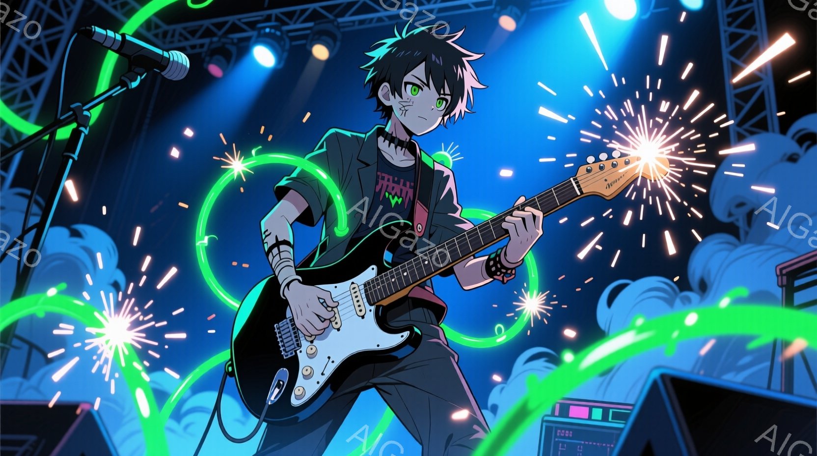 少年はギターを弾いており、黒いTシャツとジャケットを着ています。彼の髪は短く、緑色を帯びた目と集中した表情をしています。背景にはステージの照明と派手な光の効果があり、活気のあるライブの雰囲気を醸し出し - AI生成フリー素材