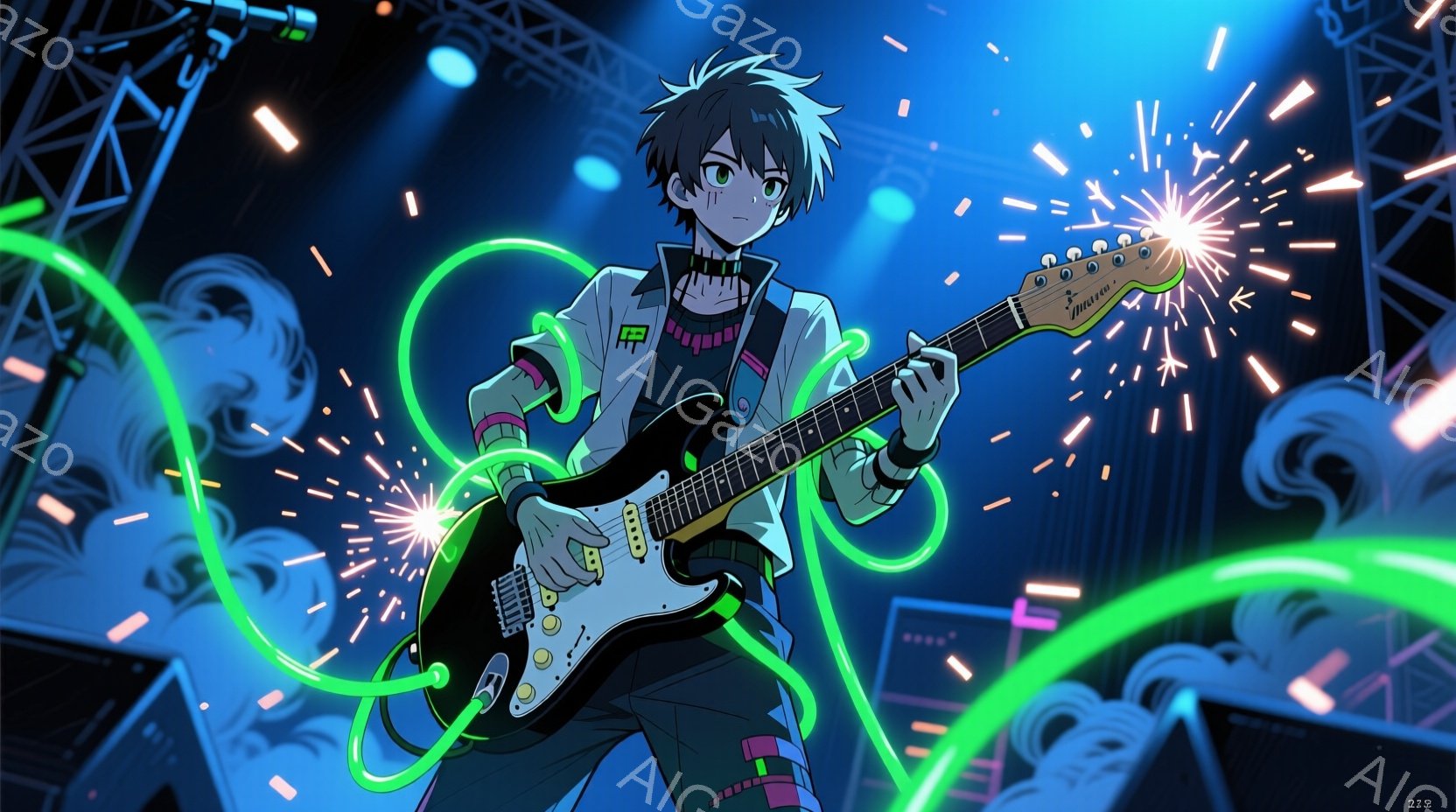 若い男性がエレクトリックギターを演奏しているイラストです。彼は黒い服に蛍光緑色のラインが入ったジャケットとズボンを着用し、髪は短く黒く、真剣な表情でギターに集中しています。背景にはステージの照明と抽象的な緑色の光の線が描かれ、ライブパフォーマンスの活気ある雰囲気を表現しています。