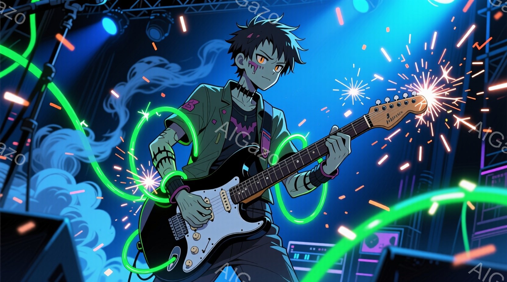 若い男性がエレクトリックギターを演奏しているイラストです。彼は緑色の髪と、少し不機嫌そうな表情で、黒い服に緑のアクセントが入った服装をしています。背景にはコンサート会場のような照明と機材が見え、青とオレンジの光が飛び交い、エネルギッシュなライブの雰囲気が漂っています。