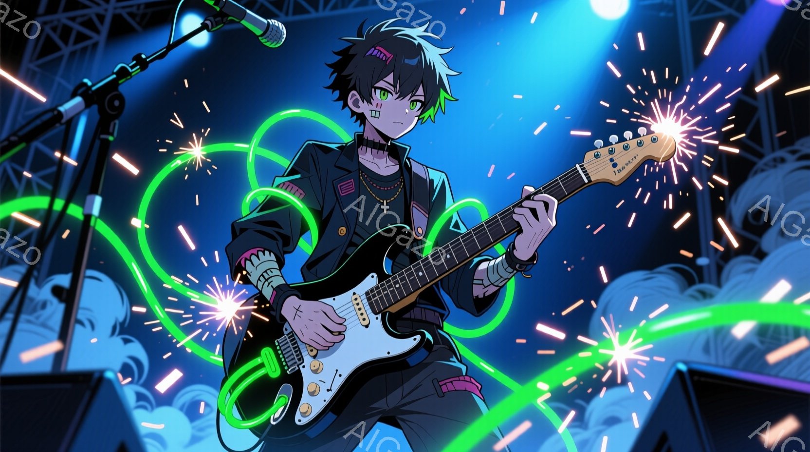 鮮やかなステージ上で、少年がエレクトリックギターを熱心に演奏している。彼は黒を基調とした服装に、ピンクのアクセサリーを身につけ、茶色の髪型に青いハイライトが入っている。背景にはスピーカーや照明があり、ピンクと緑の光の粒子が飛び交い、エネルギッシュなライブの雰囲気を演出している。