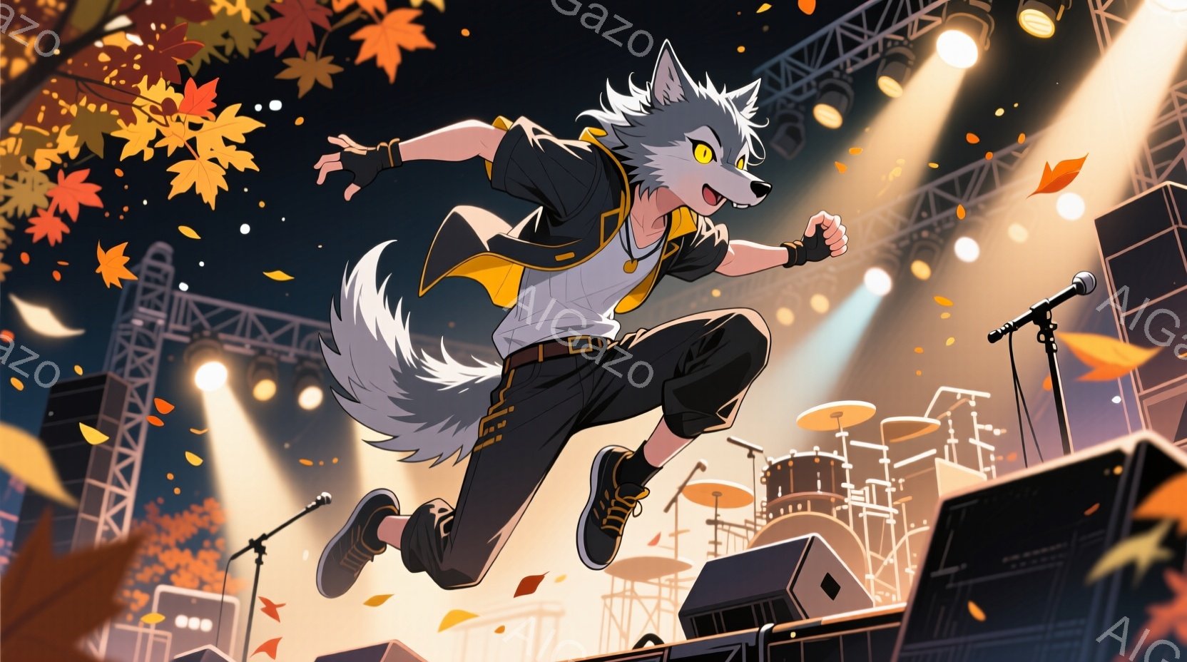 灰色の毛並みを持つ獣人（狼？）が、ステージ上をジャンプして駆け抜けている。白と黒の衣装に、オレンジ色のアクセントが施され、スポーティーでありながらスタイリッシュな印象を与える。背景には、コンサート会場の機材が並び、空には舞い散る紅葉が描かれ、活気と秋の訪れを感じさせる。