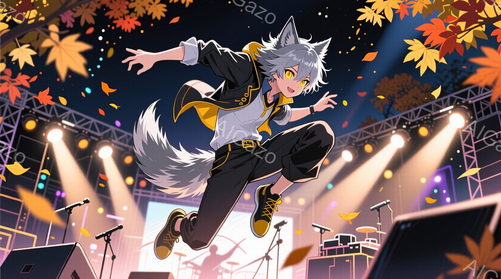 白髪で尖った髪型をした少年が、ステージ上をジャンプして飛んでいる様子が描かれています。黒を基調とした衣装に黄色のアクセントがあり、尻尾が生えており、どこか獣のような雰囲気を醸し出しています。背景はコンサートステージで、照明が煌めき、舞い散る紅葉が秋の訪れを感じさせます。