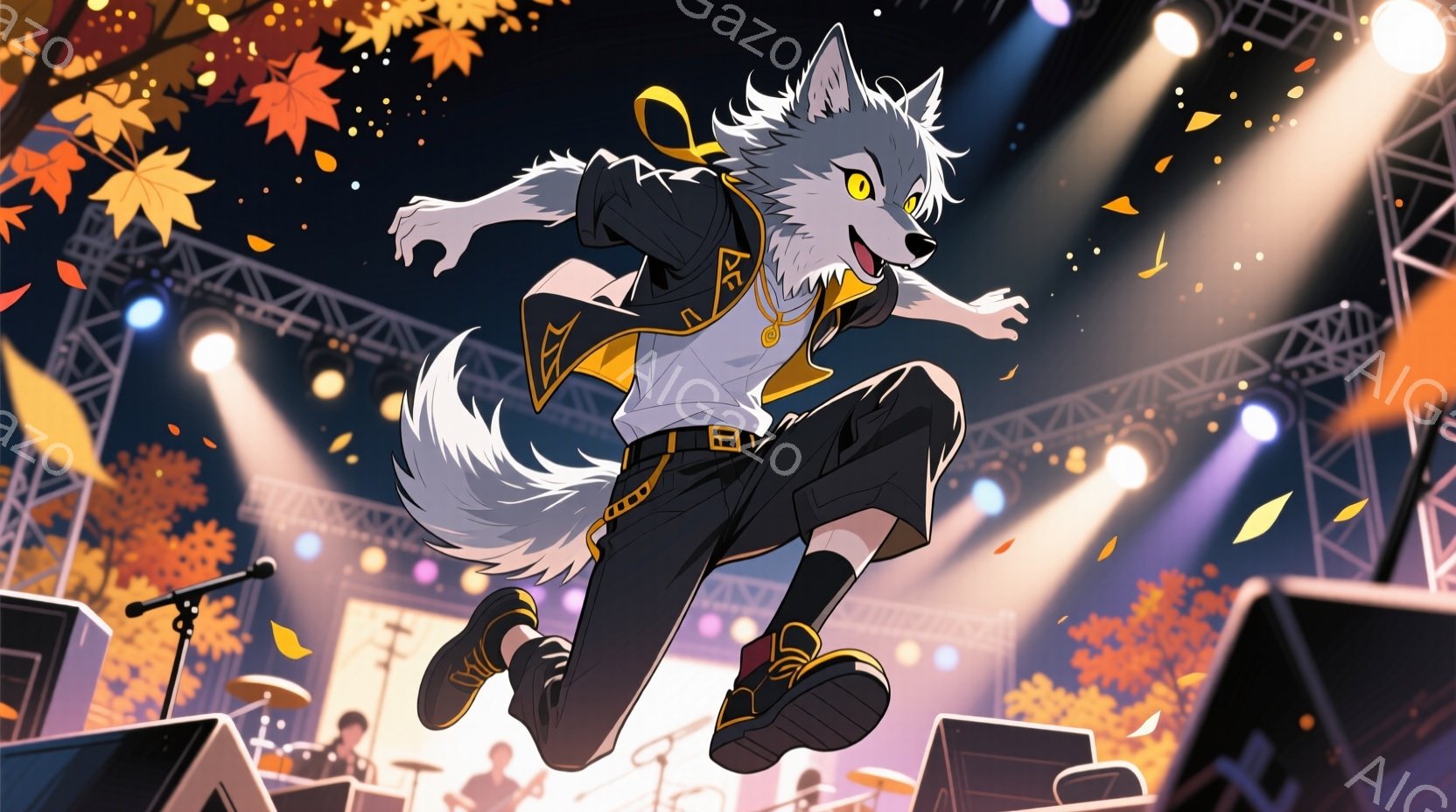 白い毛並みを持つ獣人キャラクターが、ステージ上を飛び跳ねるように空中にいる。黒を基調とした衣装は、金色の装飾が施されており、スポーティーでありながらも洗練された印象を与える。背景にはステージセットと、紅葉が舞う夜空が広がり、華やかでエネルギッシュなライブ会場の雰囲気を醸し出している。