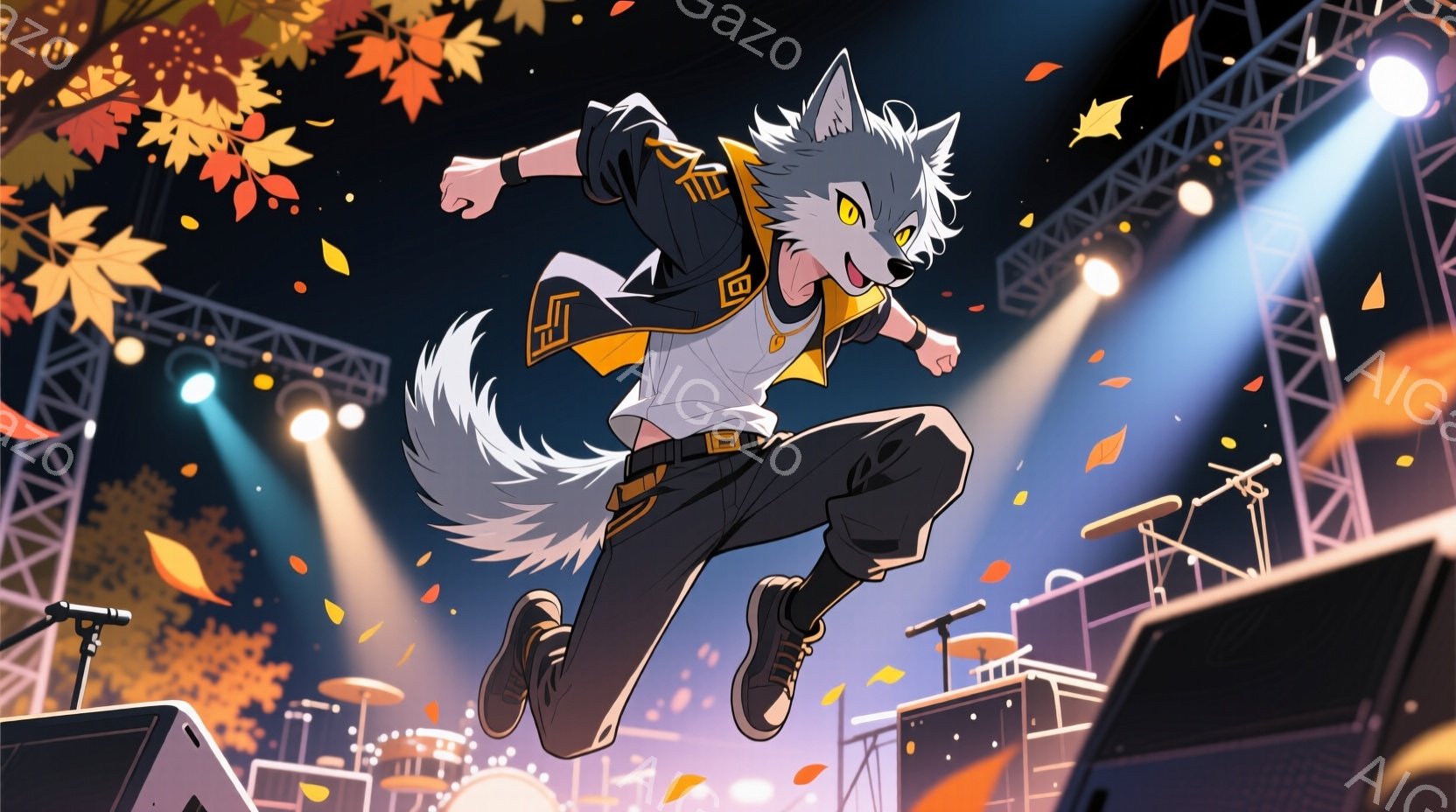 白髪と灰色の毛並みを持つ、狼のようなキャラクターが描かれています。彼は黒いパンツと白い長袖シャツを着ており、シャツにはオレンジ色のアクセントが入っています。ステージ上でジャンプしている姿は躍動感があり - AI生成フリー素材