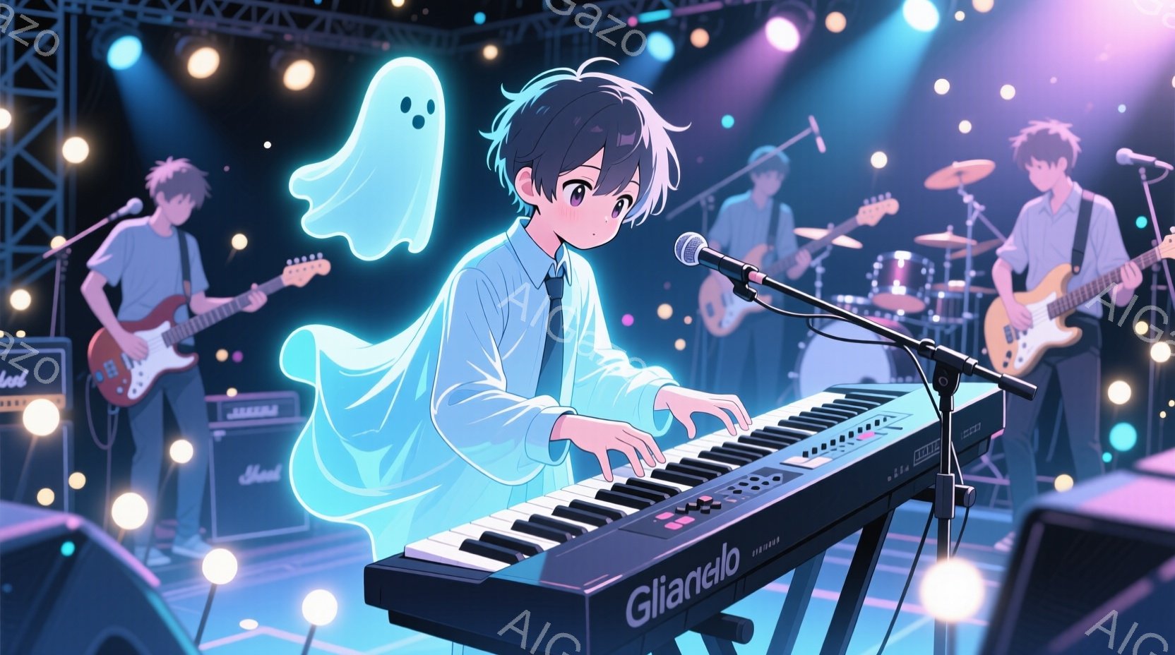 ライブステージでキーボードを演奏する少年が描かれています。彼は白いシャツに黒いズボンを着用し、少し緑がかった黒髪で、集中した表情で演奏に没頭しています。背景にはギターを弾く他のバンドメンバーと、ステー - AI生成フリー素材